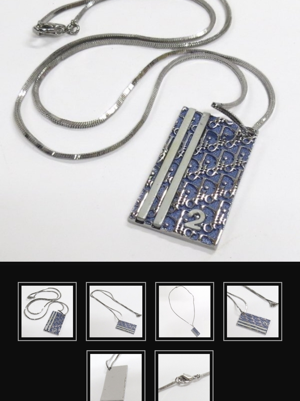 Dior Silver-tone Necklace with Blue Trotter Patterned Rectangular Pendant